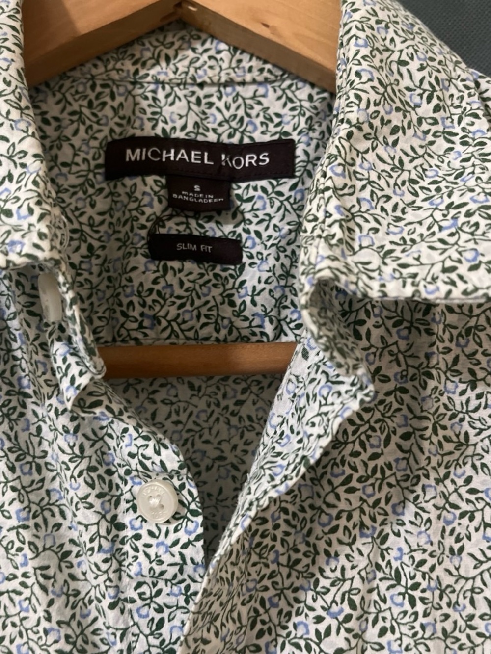 Michael Kors Slim Fit White Shirt with Green and Light Blue Floral Print